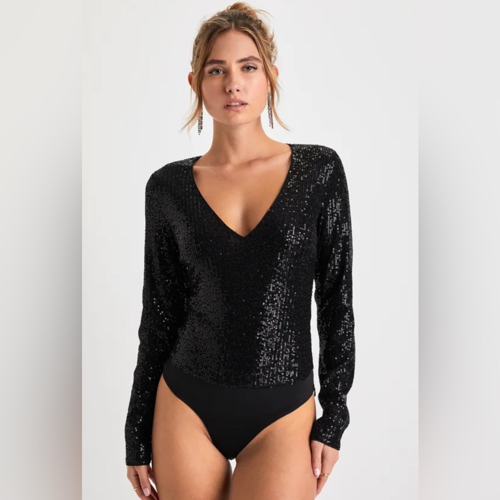 Lulu's Black Sequin V-Neck Bodysuit